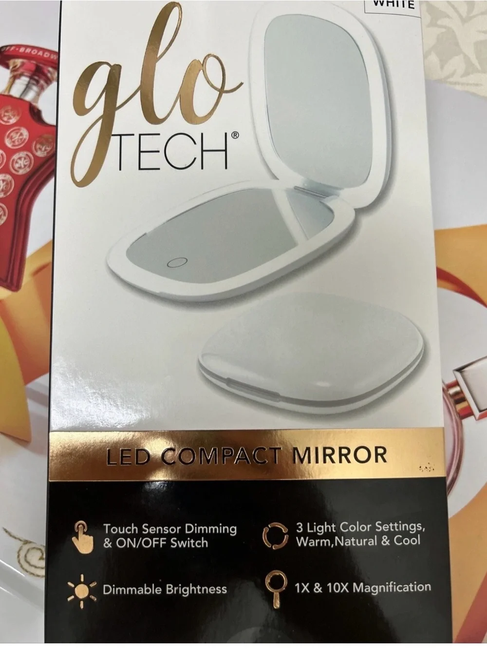 GloTech LED Compact Makeup Mirror 1x & 10x Magnification - Choose Black or White
